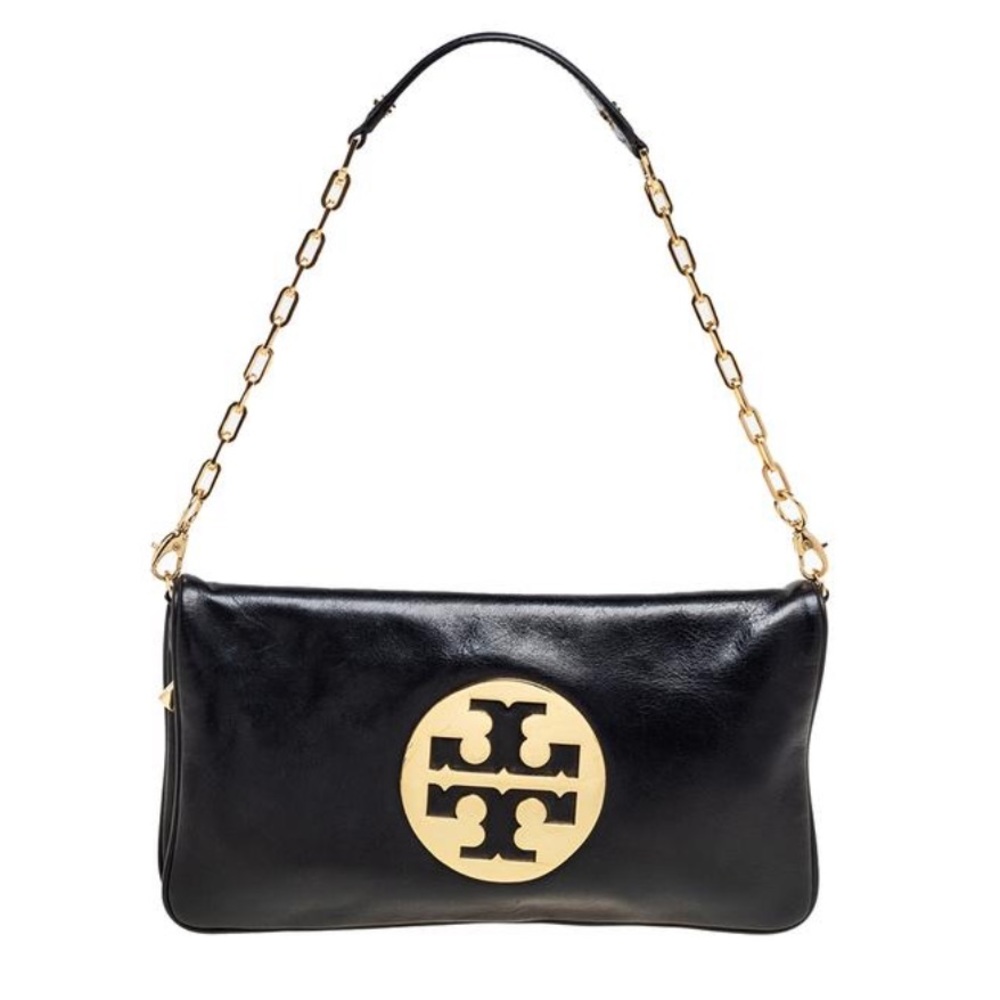 Tory Burch Black Glossy Leather Reva Chain Clutch.